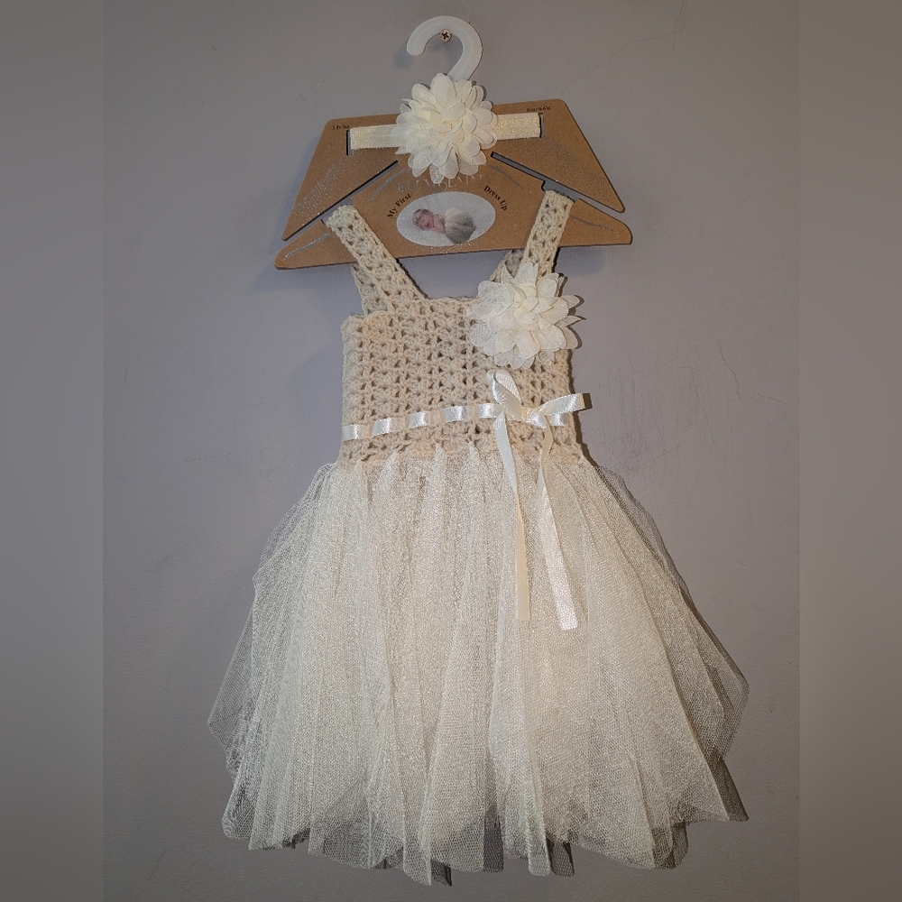 🆕 Elegant Cream Tulle Dress Tutu Flower Accent Headband Set Baby Photo Prop 0-6